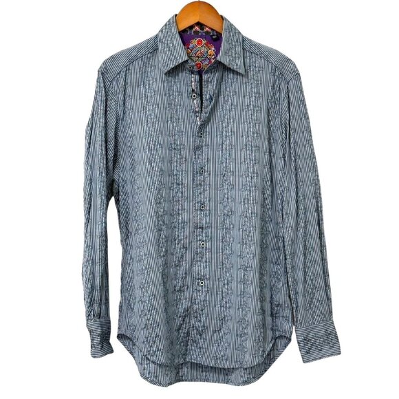 Robert Graham Button Down Shirt Blue Gray Striped Paisley Contrast Cuffs Size M - Picture 10 of 10